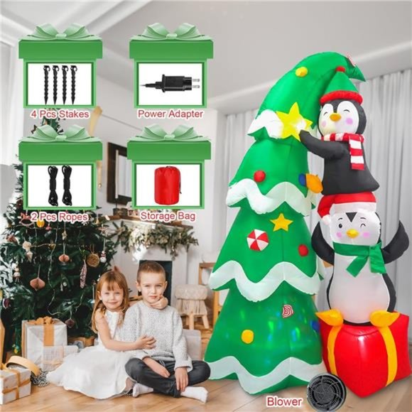 Christmas Inflatable Outdoor Decorations, 5FT Lovers  7FT Inflatable Christmas Tree Decor with Gift Box and Two Penguins, LED Lights